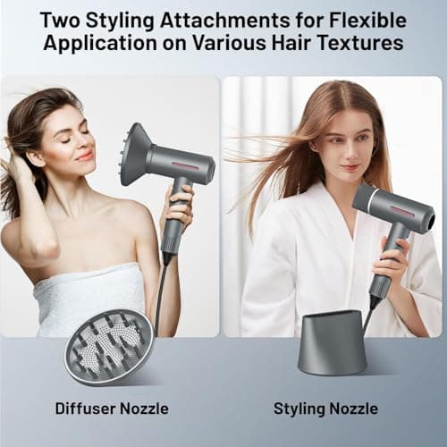 Hyper-Speed Hair Dryer, 180,000 RPM Brushless Motor for 1min Fast Drying, Dual Voltage Travel Blow Dryer with Diffuser & Concentrator, 600M Negative Ions for Frizz-Free Shine, HD Screen, Gunmetal - Thumbnail 2