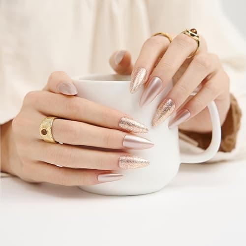Fake Nails Press Ons Almond - Metallic Rose Gold Chrome Fake Nails, Handmade Reusable for Party Look, 30 Nails in 15 Sizes with Glue, Adhesive Tabs, File, Prep Pad, Manicure Stick - Thumbnail 2
