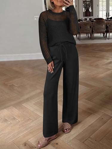 ANRABESS Womens 2 Piece Outfits Crochet Sheer Knit Sweater Top Wide Leg Pants Lounge Set Sweatsuit 2026 Fall Travel Clothes Black Medium - Thumbnail 6