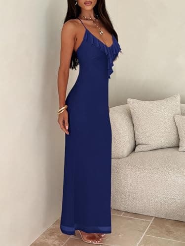 Prinbara Womens Mesh Bodycon Formal Maxi Dresses Summer Spaghetti Strap Ruffle Cocktail Wedding Guest Party Prom Long Dress Navy Blue Medium - Thumbnail 4