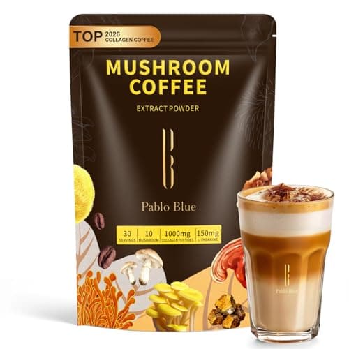 Pablo Blue Instant Mushroom Coffee & Collagen Coffee with 10 Organic Mushrooms – Lion’s Mane, Chaga, Reishi, L-Theanine in Mushroom Instant Coffee for Focus, Skin, Gut Health & Immunity, 30 Serv. - Image 1