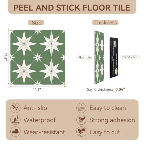 SUNPEEL Peel and Stick Floor Tiles, Vinyl Flooring Waterproof Non-Slip for Bathroom Kitchen Bedrooms Living Room Wall RV (20, Green, 11.8" x 11.8") - Thumbnail 2