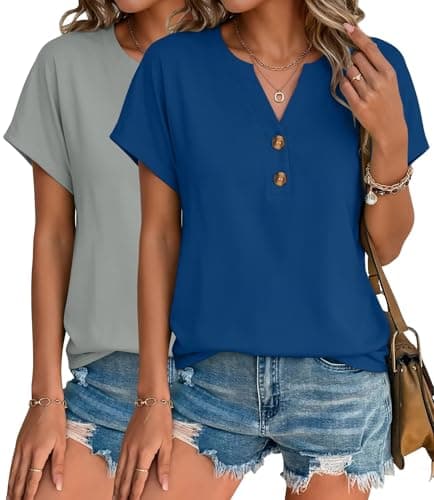 INNOVATOP 2 Pack Womens T Shirts V Neck Short Sleeve Henley Tops Work Business Casual Blouses Summer Dressy Casual Clothes Gray/Blue - Image 1