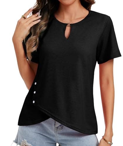 MFAVIP Womens Short Sleeve 2026 T-Shirts Crew Neck Summer Tops Casual Basic Trendy Cutout Tee Button Asymmetric Hem Black - Image 1