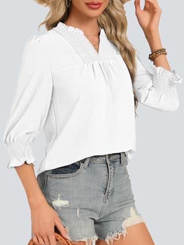 Funlingo Blouses for Women Dressy Casual 3/4 Length Sleeve Womens Tops Ruffle V Neck Lace Crochet Shirts with Smocked Cuffs Spring Trendy Clothes White S - Thumbnail 3