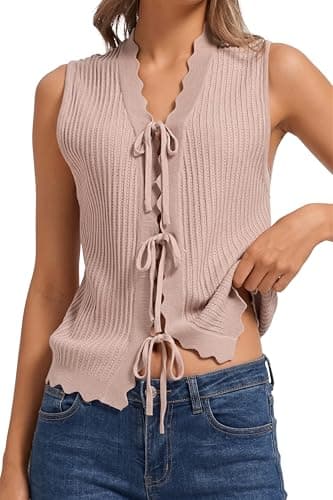 Orolay Sleeveless Tie Front Crochet Vest Women Scalloped Edge Knit Tops Boho Y2K Summer Vacation Casual - Image 1