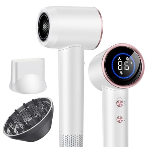 Hair Dryer with Diffuser,High Speed Ionic Blow Dryer 500 Millions Negative Ionic Low Noise,Magnetic Attachments,Thermo Control for Home Travel Salon White