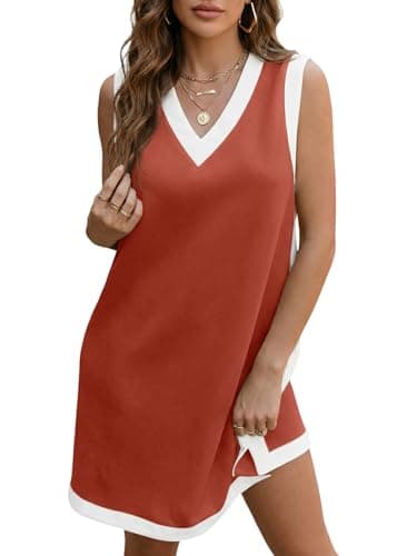 Wenrine Womens V Neck Mini Dress Summer Sleeveless Color Block Loose Fit Slit Casual Tank Dresses Brick Red - Image 1