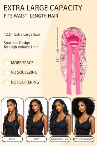 Vettres Extra Large Satin Bonnet for Braids & Locs, No Slip Tie Band Stays On All Night, Silky Sleep Cap Won’t Flatten Hair Pink Strawberry - Thumbnail 4