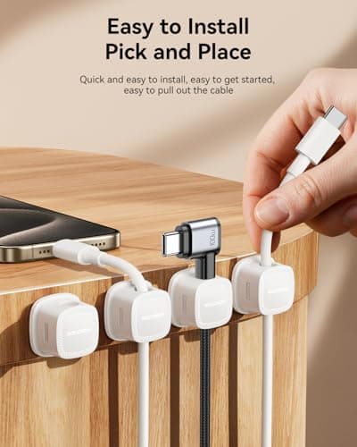 12-Pack Magnetic Cable Clips Cord Organizer-Cable Smooth Adjustable, Rocoren Desk Cable Management Accessories,Cable Holder Clips Wire Holder Keeper for Desktop,Nightstand,Wall,Home Office,Phone,Car - Thumbnail 5