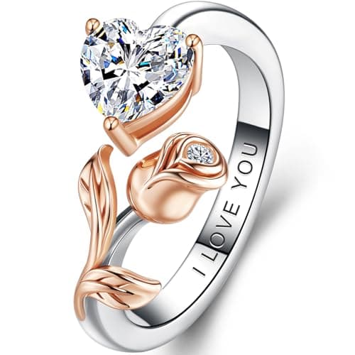 1CT Rose Heart Adjustable Ring 6.5~8 Ring Moissanite/Lab Created Ruby/Emerald And More VVS1 D Clarity 18K White/Rose Gold Gift for Wife Mother Daughter Birthday Wedding Engagement Christmas Anniversary Mothers Day Gift for Mom Bride - Image 1
