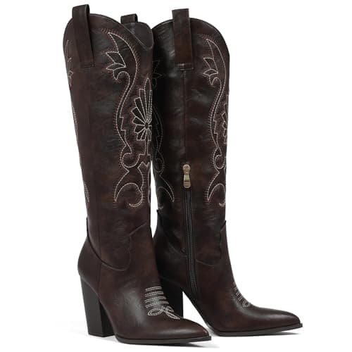 VOMIRA Knee High Cowboy Boots Women Pointed Toe Embroidered Leather Chunky High Heels Side Zipper Western Boots Brown Cowgirl Boots - Thumbnail 4