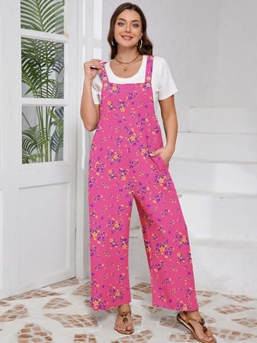AusLook Plus Size Women's Adjustable Straps Jumpsuits Pink Osmanthus 2X Casual Loose Wide Leg Overalls with Pockets - Thumbnail 3