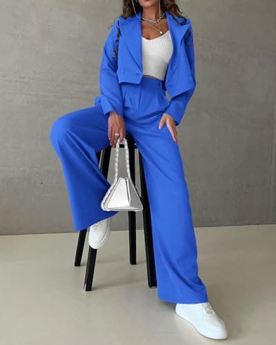 KIRUNDO Womens Suits for Work Professional Spring Fall Two Piece Crop Blazer and Pants Set Matching Set Fashion Clothing (Blue, X-Large) - Thumbnail 2