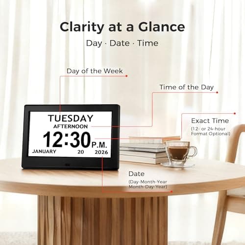 7'' Digital Clock, Dementia Clock With Date And Time, 10 Reminders, 6 Alarms, Auto-Dimming, Auto DST, Remote Control, Large Display Alarm Clock For Seniors, Gifts For People With Dementia, Alzheimers - Thumbnail 2