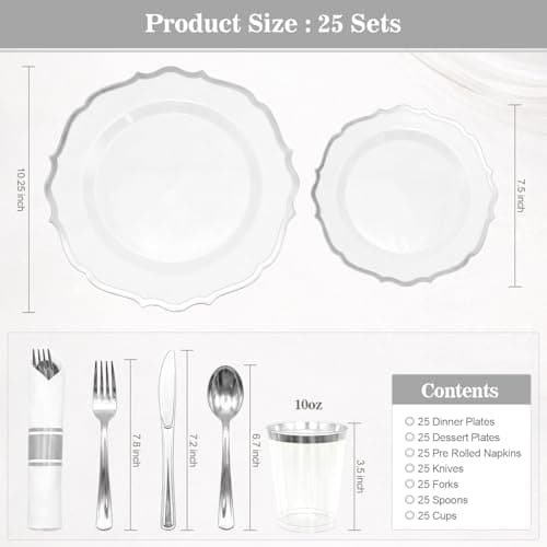 Glowserve 175Pcs Sliver Plastic Plates Disposable Party Plates for 25Guests - Thumbnail 6