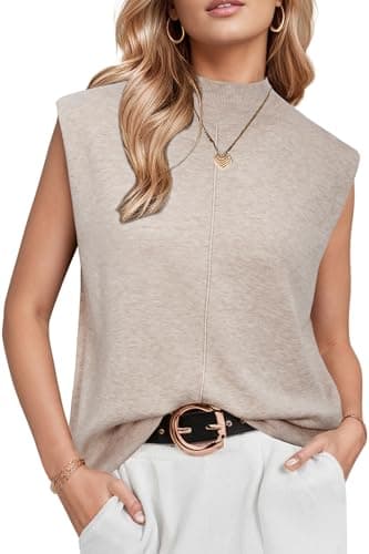 Arach&Cloz Womens Spring Summer 2026 Sleeveless Mock Neck Sweater Vest Business Casual Work Tops Capsule Wardrobe Outfits Teacher Professional Clothes Apricot - Image 1
