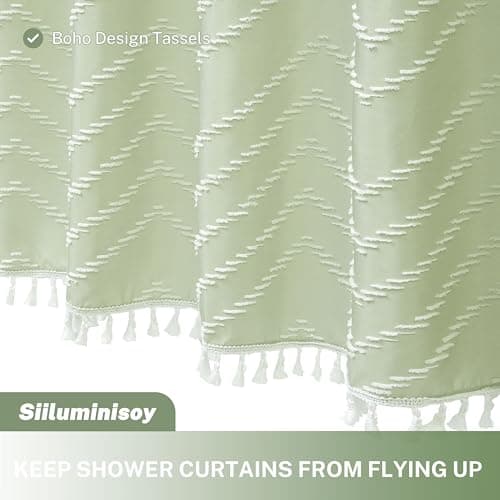 Boho Shower Curtain with White Tassel Woven Fabric Sage Green Shower Curtain 72 x 72 Modern Farmhouse Textured Tufted Chevron Striped Minimalist Bathroom Shower Curtain - Thumbnail 3