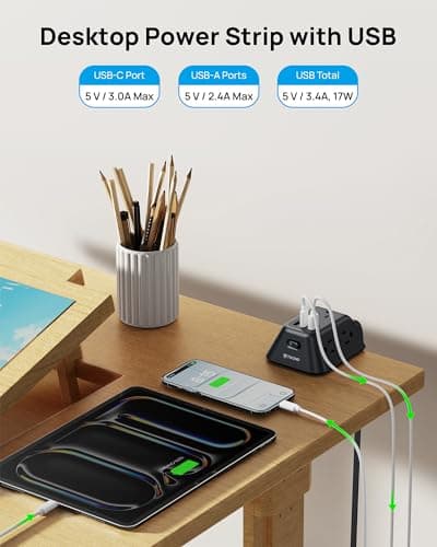 Desk Clamp Power Strip, Surge Protector with 5 AC Outlets and 3 USB Ports, Desk Mount Charging Station, Fit 1.97in Tabletop Edge Thick, Extension Cord 10FT for Home Office Gaming Accessories, Black - Thumbnail 4