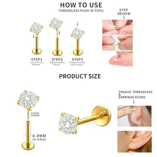 hooppoo 6Pcs Threadless Titanium Nose & Lip Studs | 20G Flat Back Push-in Labret Jewelry with 2/2.5/3mm Moissanite for Nostril, Tragus, Helix Piercing (Gold) - Thumbnail 6