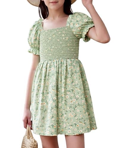 JiAmy Girls Dress Summer Boho Short Ruffled Puff Sleeve Smocked Midi A Line Party Dresses Light Green Floral 13-14 Years - Image 1
