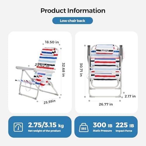 SUNNYFEEL Portable Beach Chair, Folding Low Back Beach Chair, Lightweight Camp Chair with Reclining Position, Backpack Lounger for Beach, Camping, Lawn, Outdoor, Red Blue White Striped, 2 Pack - Thumbnail 2