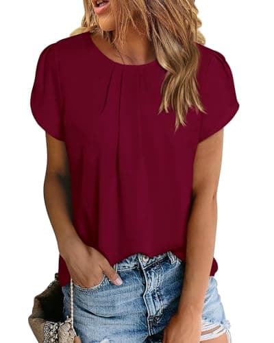 PRETTYGARDEN Women's Tops 2026 Casual Summer Round Neck Short Sleeve Basic Pleated Loose Fit Blouses Plain Tunic Shirts(Wine Red,Small) - Image 1