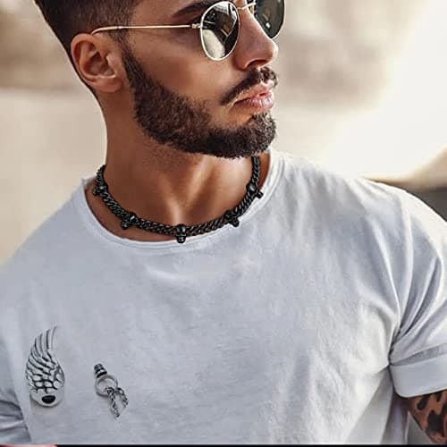 Bestyle Black Skull Choker Necklace 9mm Thick Heavy Thorns Iron Chain Necklace Unisex Hip-hop Harajuku Punk Gothic Cuban Chain Necklace for Men Women 16 inch - Thumbnail 2