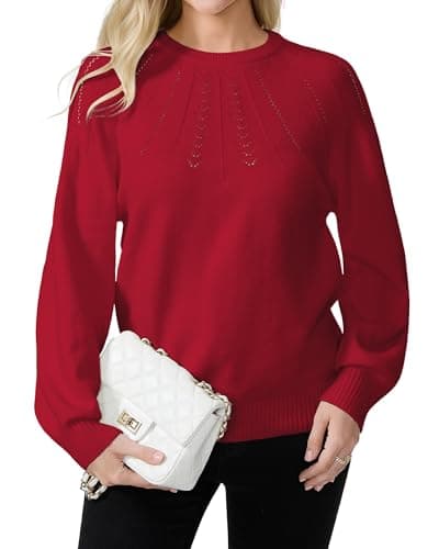 COSSEN Womens Fall Sweater Casual Long Sleeve Crewneck Pullover Sweaters Hollow Out Trendy Outfit L Red - Image 1