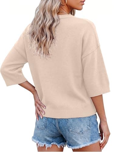 LaGracia Sweater for Women Summer Short Sleeve Oversized Cropped Sweaters Casual Crewneck Lightweight Knit Tops Light Apricot S - Thumbnail 2