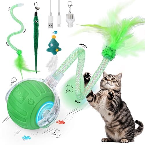 Interactive Cat Toy Ball - Christmas Cat Toys for Indoor Cats with Feather Tails for Chasing, Moving Stimulation Smart Cat Toy for Enrichment, Motion Activated Automatic Rolling Toys to Keep Them Busy - Image 1