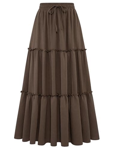 Arolina Maxi Skirts for Women Casual Summer Elastic High Waisted Flowy Boho Skirt Ruffle Tiered Pleated Long Skirts S Khaki - Image 1