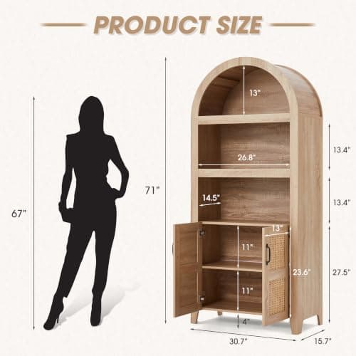 HABUTWAY 72'' Arched Storage Cabinet with Beech-Rattan Door, Tall Bookshelf with Adjustable Shelves, Modern Farmhouse Wooden Bookcase Kitchen Pantry Cabinet for Living Room, Natural - Thumbnail 2