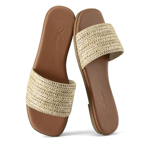 Athlefit Raffia Flat Sandals for Women Dressy Square Open Toe Comfortable Slip On Beach Casual Slide Sandals Apricot Size 5.5 - Thumbnail 6