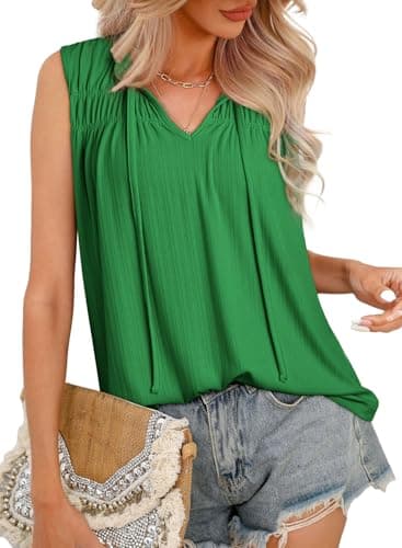 Dokotoo Green Women's Summer Tops Dressy Casual Shirts for Women Tank Tops Sleeveless Tunic Vest Pleated Flowy V Neck Spring Clothes 2026 Trendy Outfits Loose Fit Size Medium - Image 1
