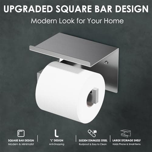 Auxmir Self Adhesive Toilet Paper Holder with Shelf, Premium SUS304 Stainless Steel Rustproof Wall Mounted Toilet Roll Holder, Toilet Tissue Holder for Bathroom Shower Washroom Kitchen RV, Silver - Thumbnail 6