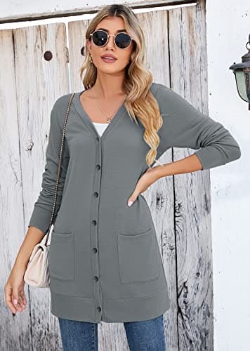 Heymoments Women's Long Sleeve Open Front Cardigan Dark Grey X-Large Button Down Ladies Loose Ribbed 2026 Fall Winter Lightweight Knit Outerwear Coat with Pocket - Thumbnail 4