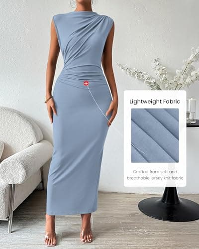 BTFBM Women's Ruched Bodycon Dress Summer Casual Sleeveless Lightweight Back Slit Elegant Club Party Cocktail Maxi Dresses(Light Blue, Small) - Thumbnail 6