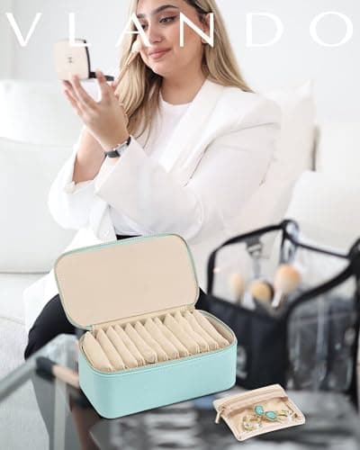 Vlando Jewelry Travel Case,Travel Jewelry Organizer with Clear Velvet Jewelry Bags 12Pcs Zipper Pouch for Women Girl Trendy Stuff Gift-Lake Blue - Thumbnail 5