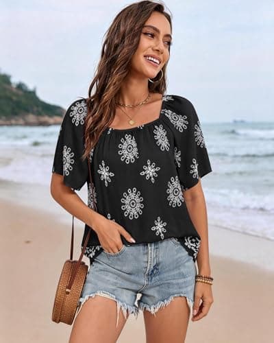 IEEILULU Womens Summer Boho Tops Floral Print Square Collar Loose Fit Blouses Tunic Casual Beach Vacation Shirts Black White XXL - Thumbnail 5