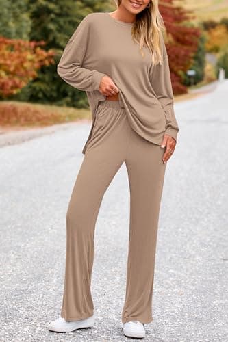 PRETTYGARDEN Womens 2026 Casual Lounge Sets Long Sleeve Tops Wide Leg Long Pants Spring Crewneck 2 Piece Outfits Tracksuits(Khaki,X-Large) - Thumbnail 4