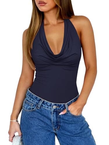 REORIA Womens Sexy Trendy Halter Cowl Neck Backless Body Suits Summer Open Back Double Lined Bodysuit Tank Tops Navy Blue Large - Image 1