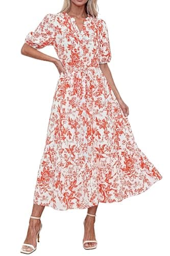 Okiwam Summer Dresses for Women 2026 Casual V Neck Short Sleeve Boho Floral Midi Dress Button Down Beach Vacation Sundress-S Red Flower - Image 1
