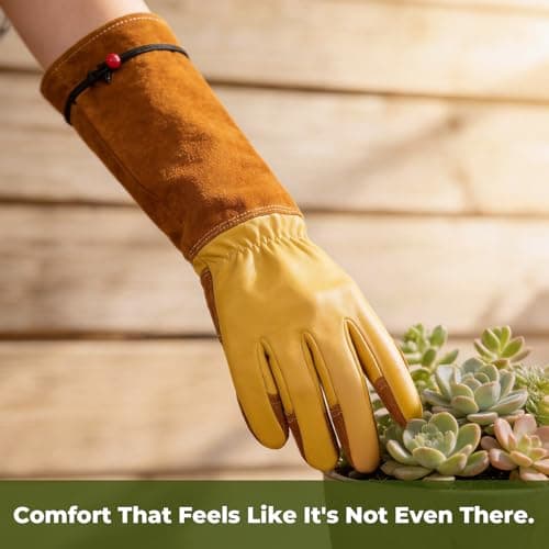 Aegend Long Gardening Gloves, Reinforced Fingertips Cowhide Leather, Elbow-Length Gauntlet Cuff, Breathable & Flexible for Rose Pruning, Planting & Weeding, Fit for Small Hands (Gold Yellow, S) - Thumbnail 6