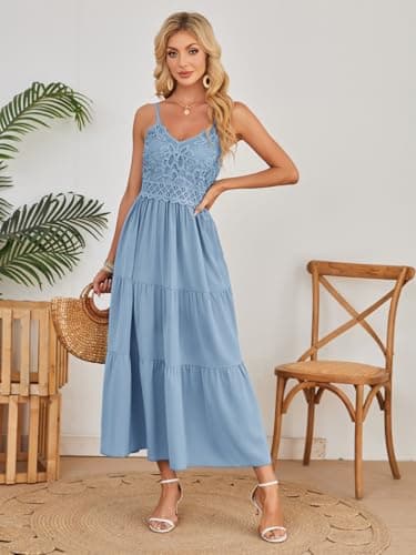 Dokuritu Women's Beach Crochet Lace Maxi Dress Solid Color Summer Vacation Spaghetti Strap Long Dress 2025 - Thumbnail 4