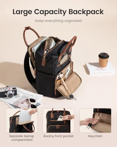LOVEVOOK Laptop Backpack for Women & Men, Multi-Pocket College Business Work Bookbag with Saparate Laptop Compartment, Water Resistant Commute Travel Backpack for Teacher Nurse, 15.6 Inch, Black Brown - Thumbnail 3