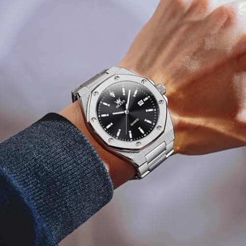 OLEVS Black and Silver Watches for Men Luxury Stainless Steel Dress Mens Silver Watch with Black Face Minimalist Casual Large Dial Man Wrist Watches with Date Reloj De Hombre - Thumbnail 4