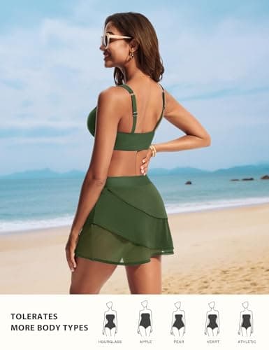 Hanna Nikole Women's High Waisted Bikini Sets Cheeky Mesh Sheer Swim Skirt with Bottom Wide Waistband Beachwear XL Army Green - Thumbnail 4