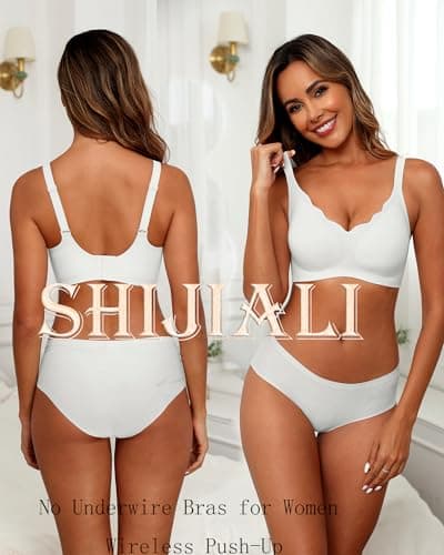 SHIJIALI Women's Seamless Bras Scalloped Push Up Support Full Coverage No Underwire Bra Wireless Comfort Tshirt Bra White - Thumbnail 4