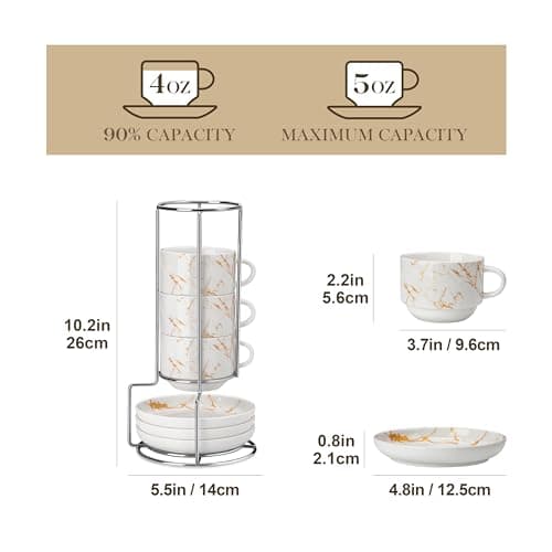 MALACASA 4 OZ Porcelain Espresso Cups with Saucers and Metal Stand Set of 4, Stackable Cappuccino Cups, Marble White Expresso Shots Cup Set for Coffee Drinks, Latte, Tea - Thumbnail 2